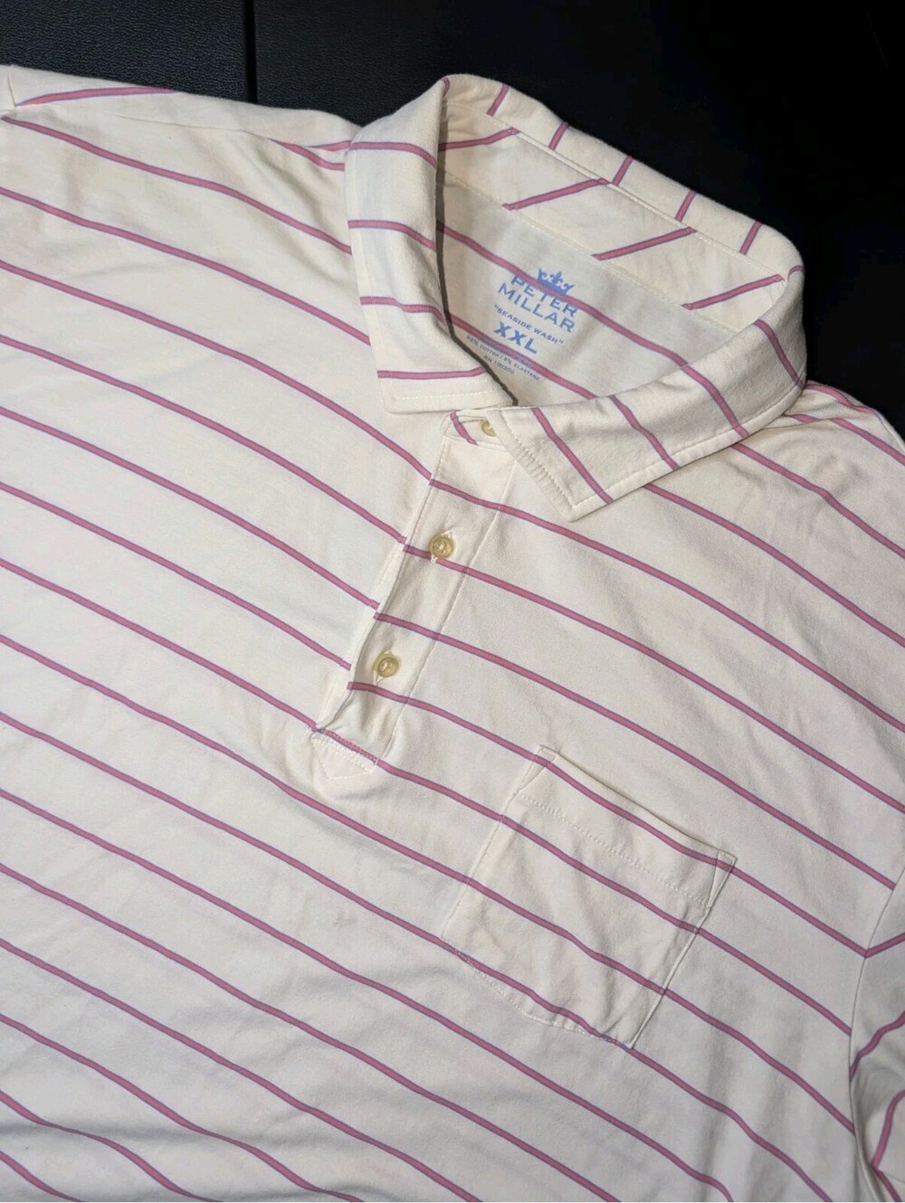 Peter Millar Seaside Wash Polo XXL White Pink Stripe Pocket Golf Performance